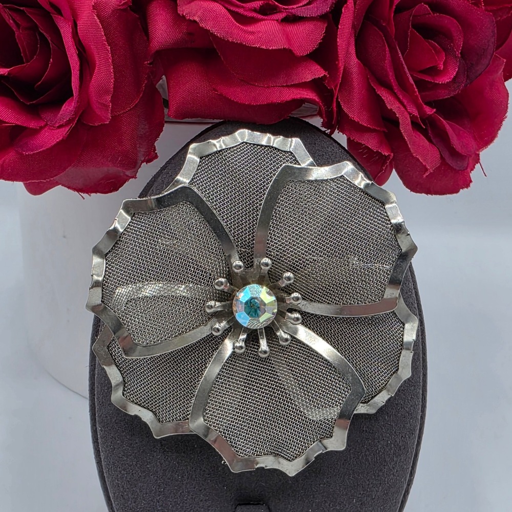Vintage BED Silver Tone Mesh Flower Brooch Aurora Borealis AB Rhinestone Pin